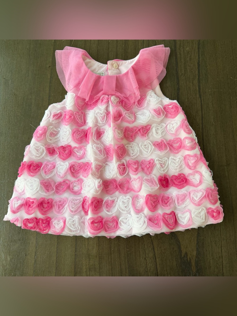 Baby Pink & White 3D Rosette Heart Dress Tulle Ruffle Collar Special Occasion
